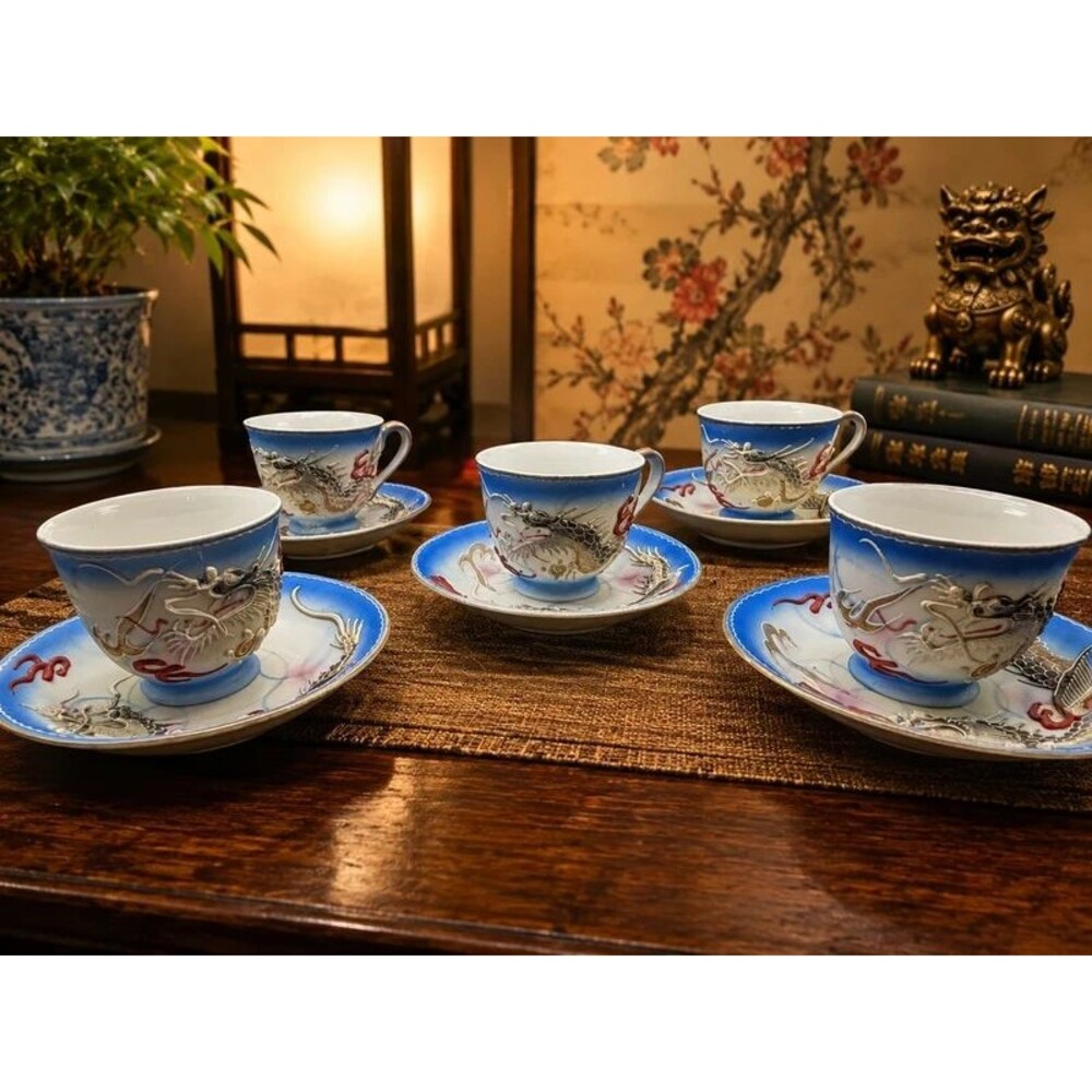 Vintage Set 5 Japanese Moriage Dragon Tea Cups & Saucers Hand Painted Blue
